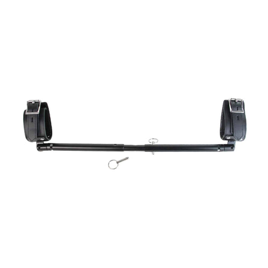 Front view of adjustable spreader bar with leather cuffs attached 