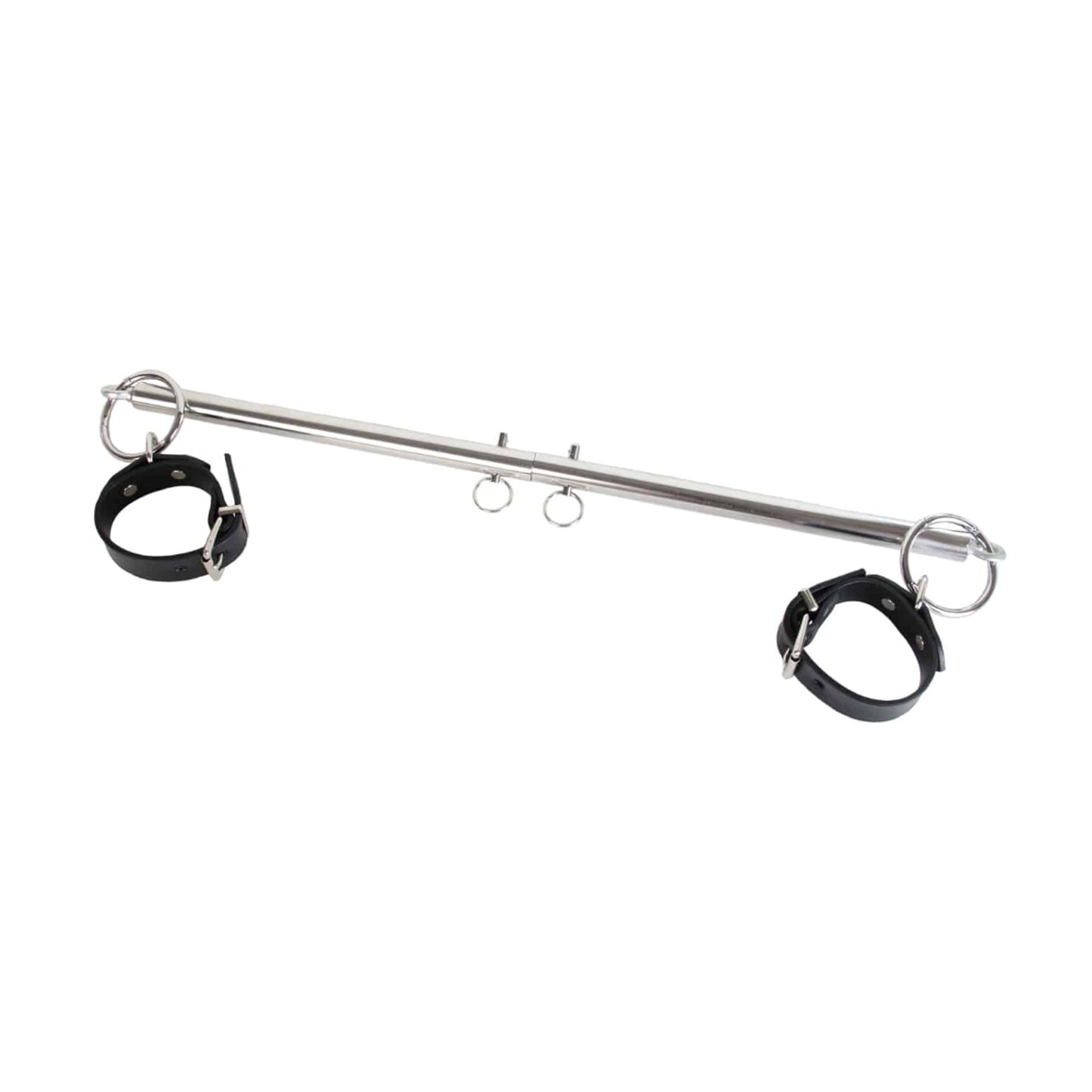 Angled view of chrome spreader bar with cuffs attached for display 