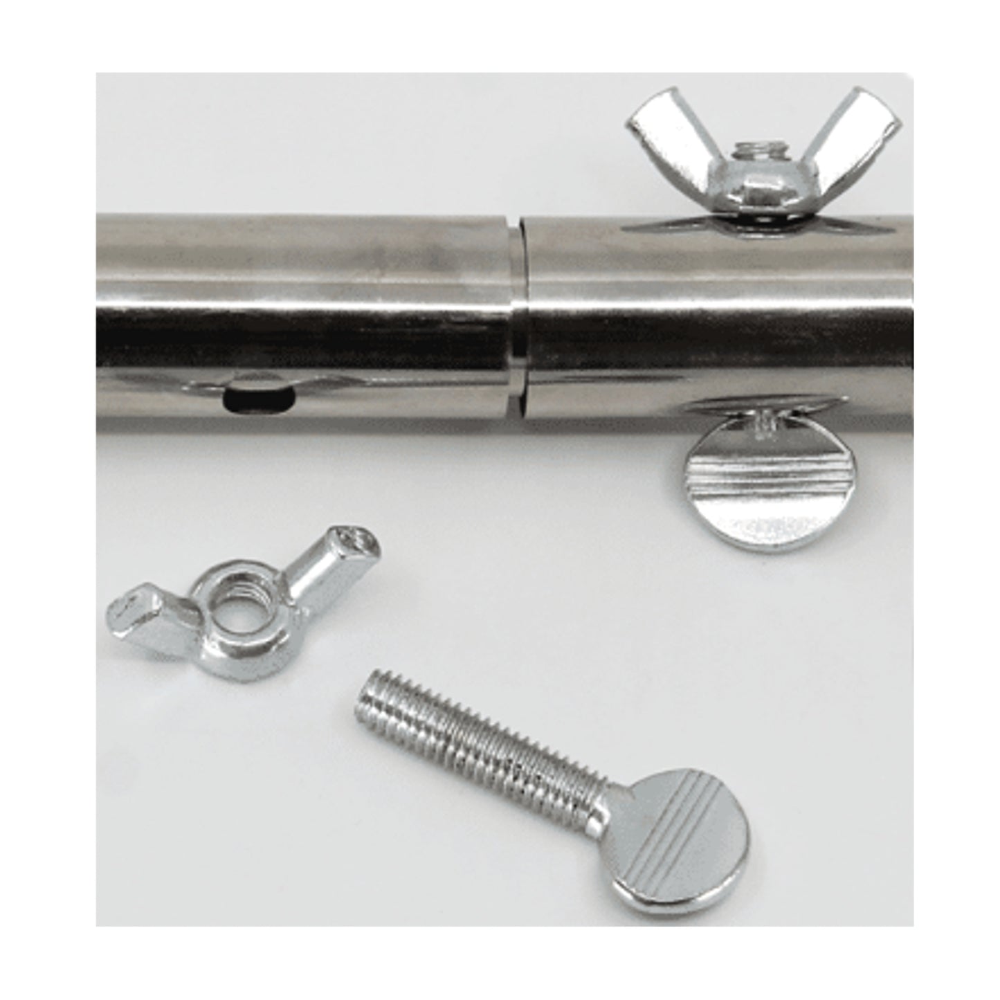 Close-up of thumb screw and wing nut adjustment hardware 