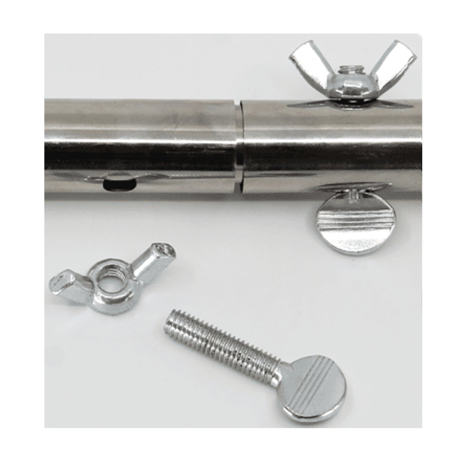Close-up of thumb screw and wing nut adjustment hardware 