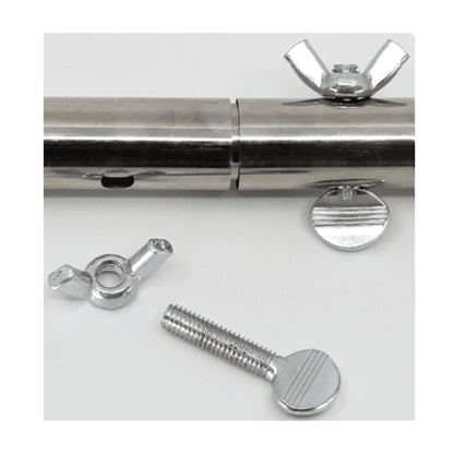 Close-up of thumb screw and wing nut adjustment hardware 