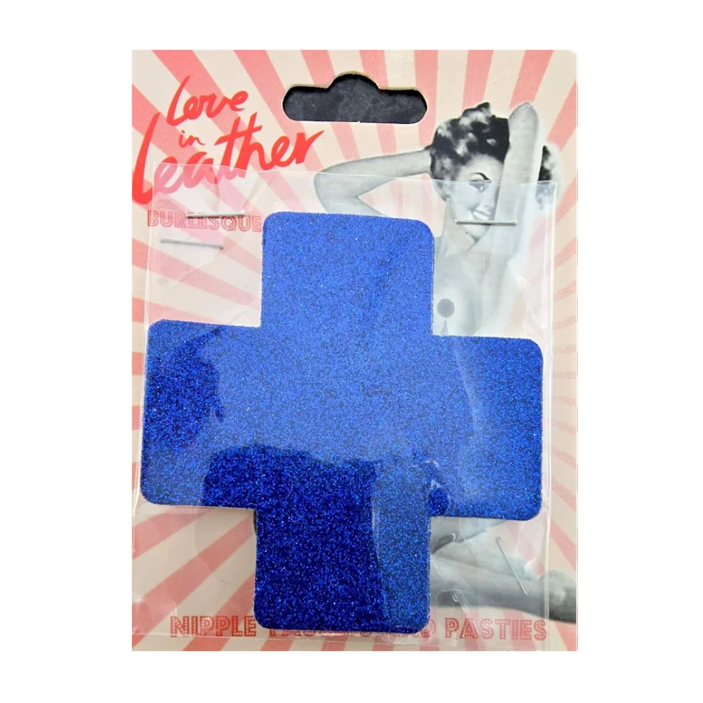 Love In Leather Burlesque Cross Pasties Blue retail packaging