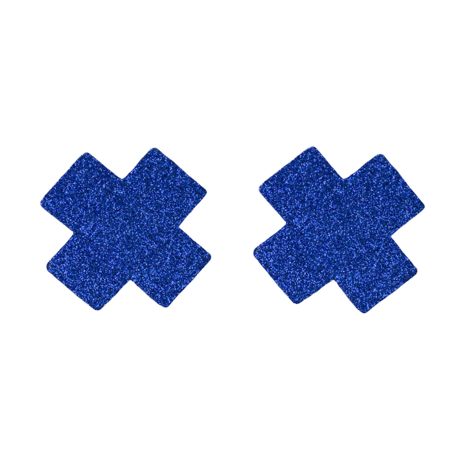 Blue glitter cross-shaped nipple pasties front view