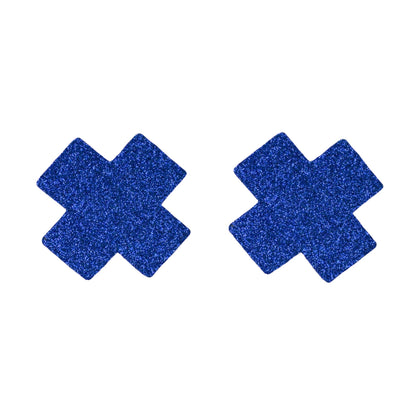 Blue glitter cross-shaped nipple pasties front view
