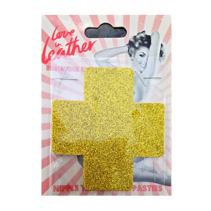 Love In Leather Burlesque Cross Pasties Gold retail packaging