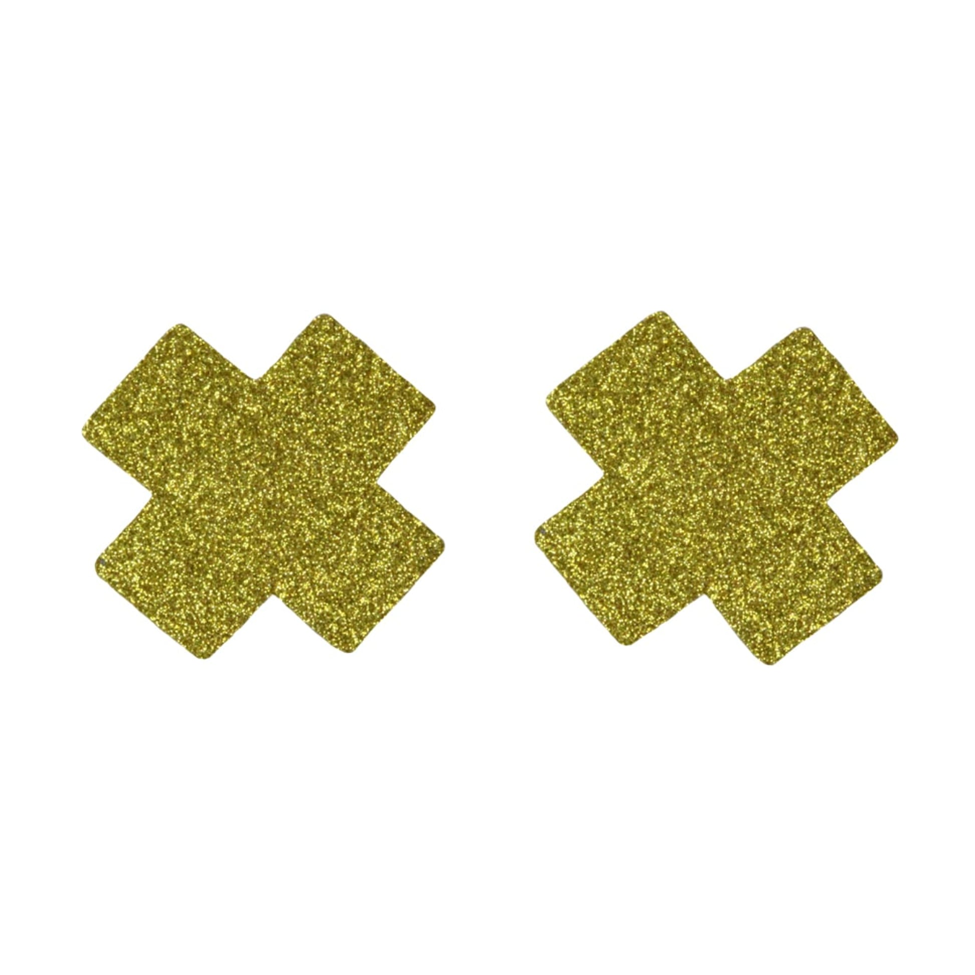 Gold glitter cross-shaped nipple pasties front view