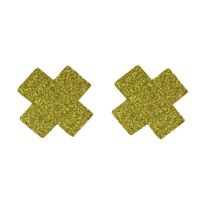 Gold glitter cross-shaped nipple pasties front view