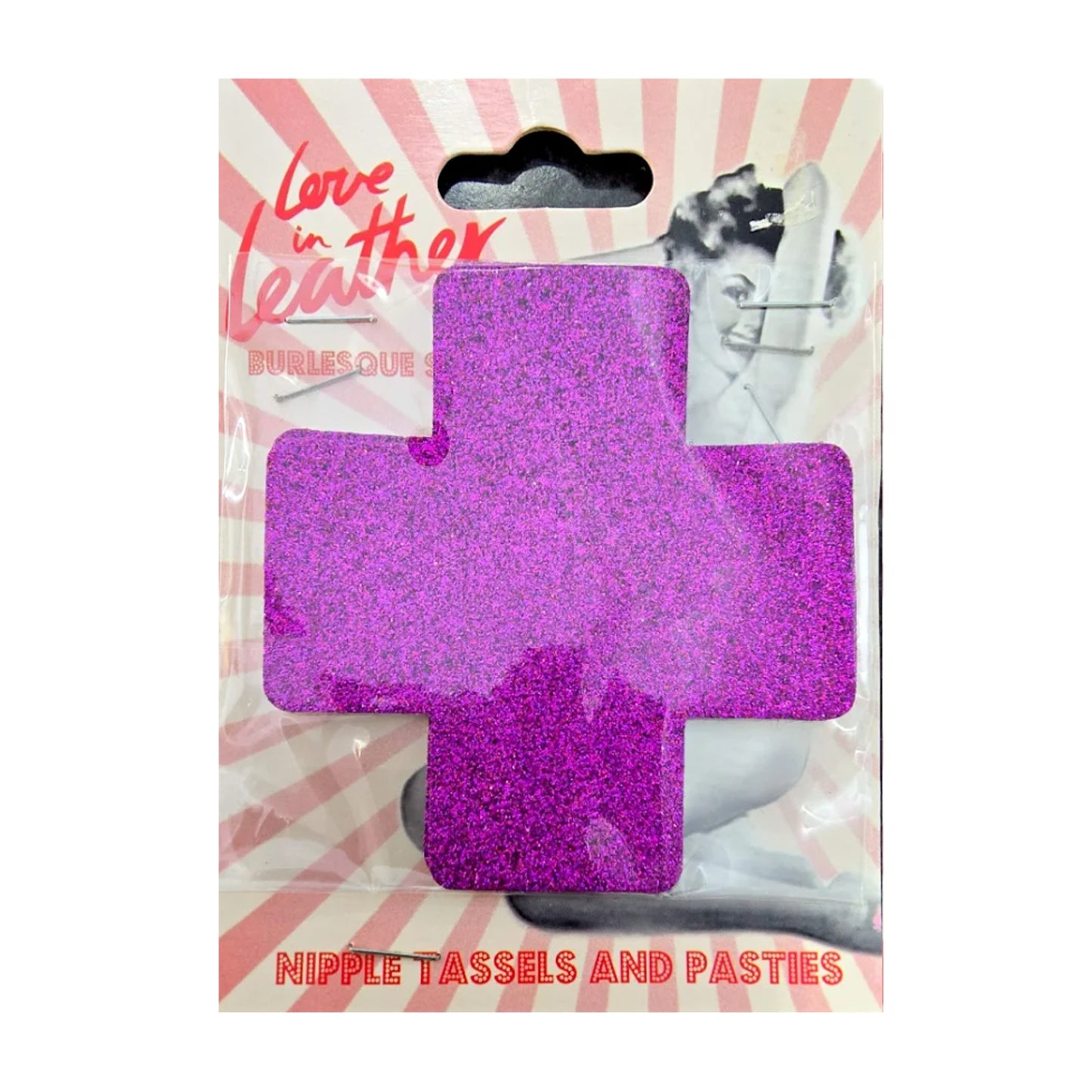 Love In Leather Burlesque Cross Pasties Purple retail packaging
