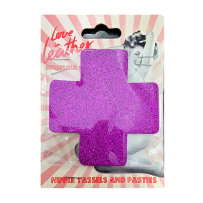 Love In Leather Burlesque Cross Pasties Purple retail packaging