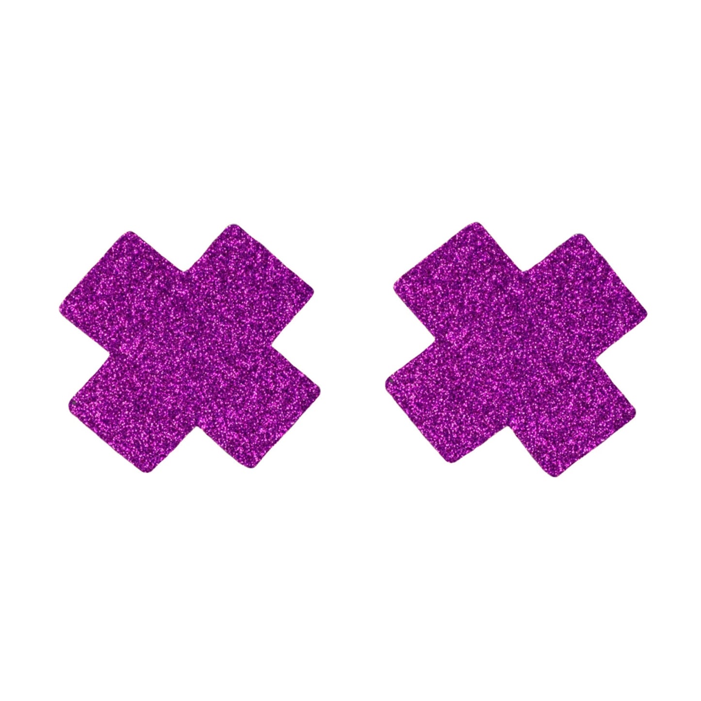 Purple glitter cross-shaped nipple pasties front view