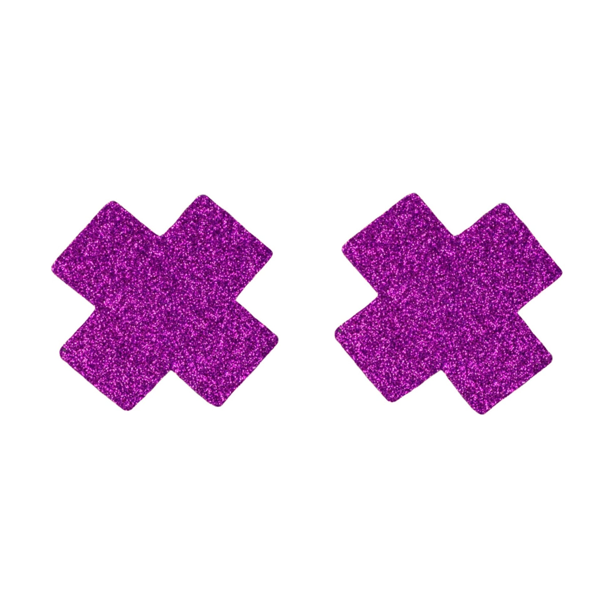 Purple glitter cross-shaped nipple pasties front view
