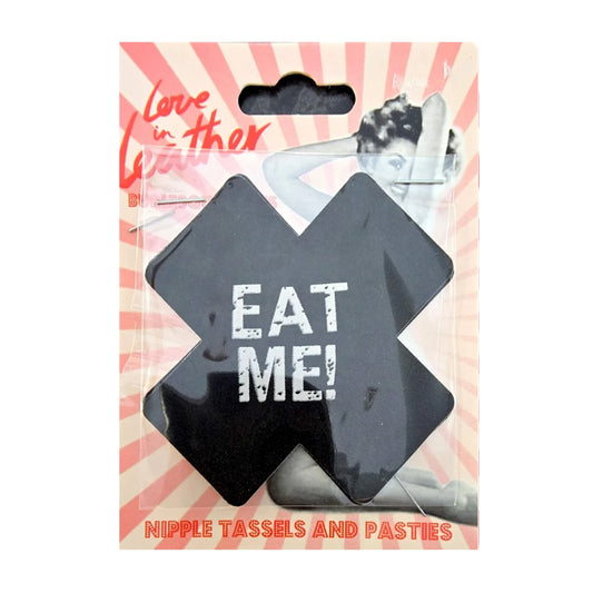 Love In Leather Burlesque Eat Me Pasties retail packaging