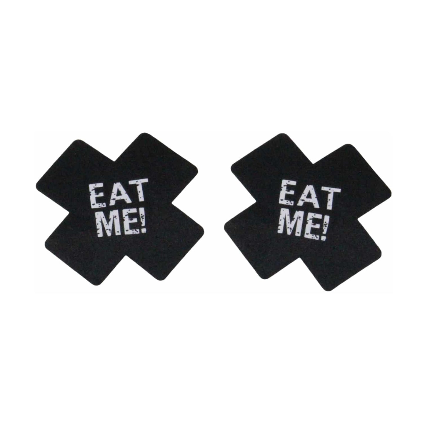 Black satin cross nipple pasties with Eat Me lettering