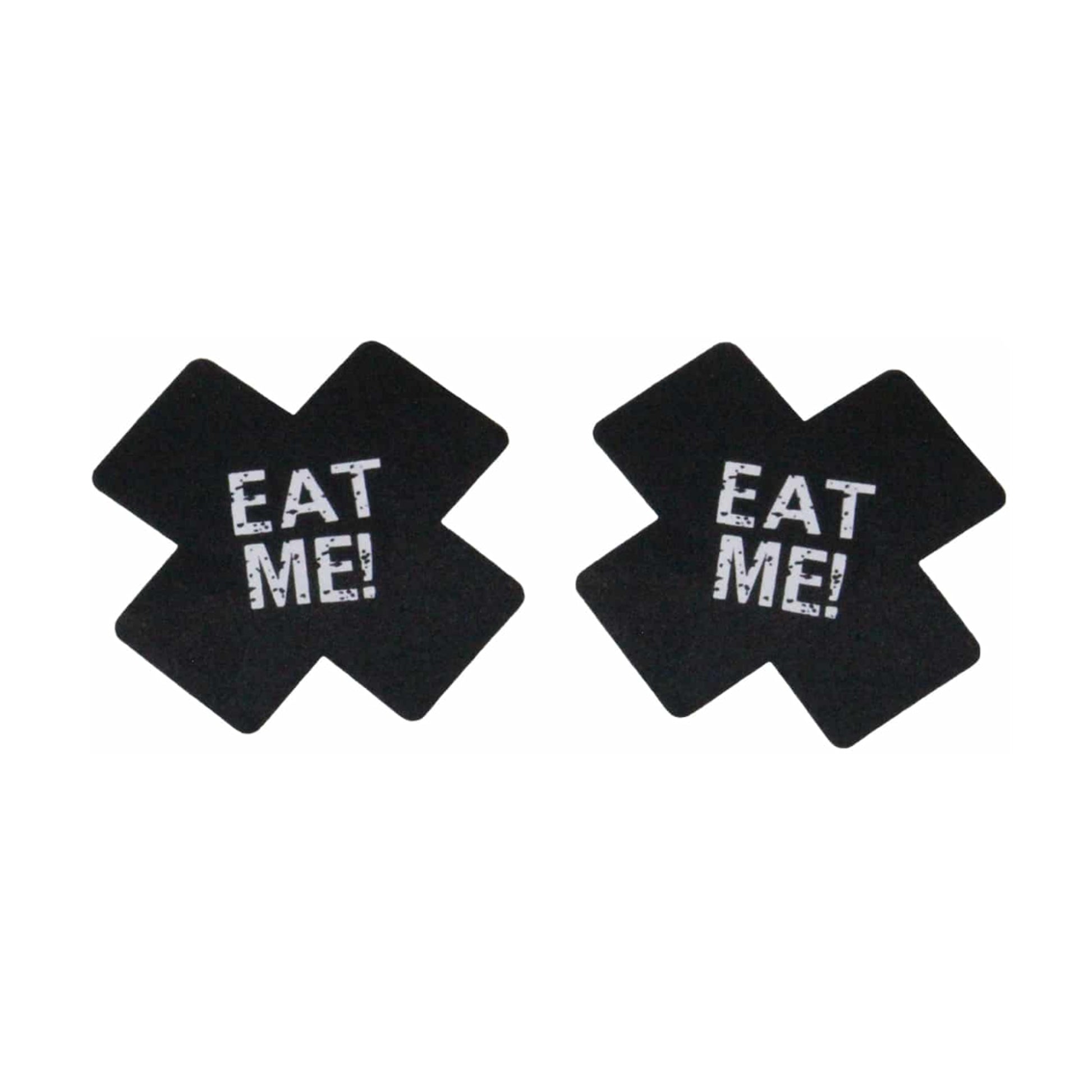 Black satin cross nipple pasties with Eat Me lettering
