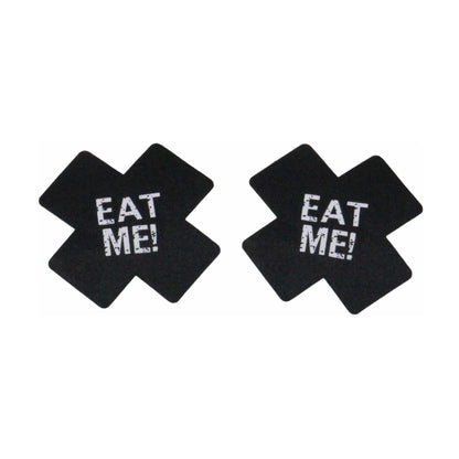 Black satin cross nipple pasties with Eat Me lettering