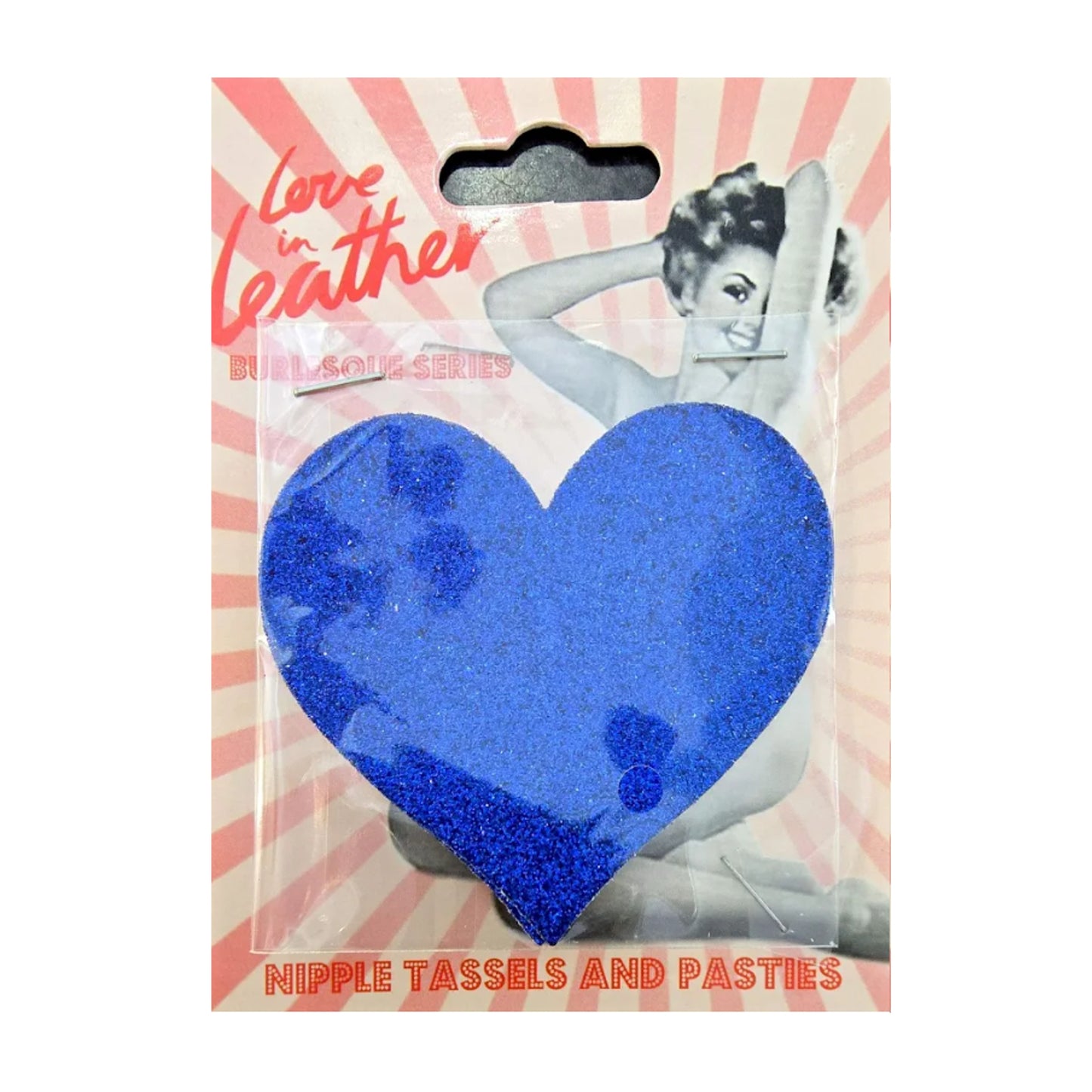 Love In Leather Burlesque Heart Pasties Blue retail packaging