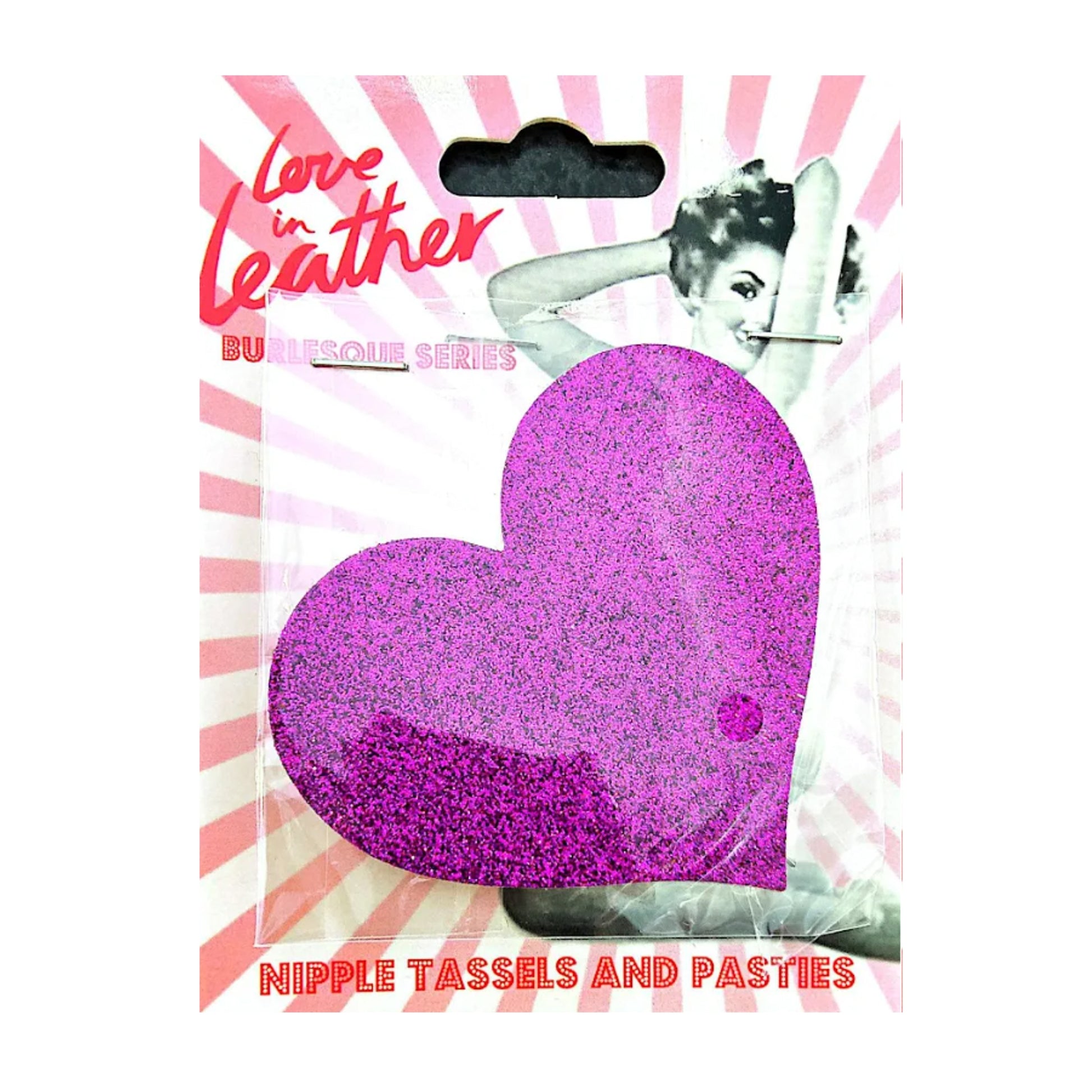 Love In Leather Burlesque Heart Pasties Purple retail packaging