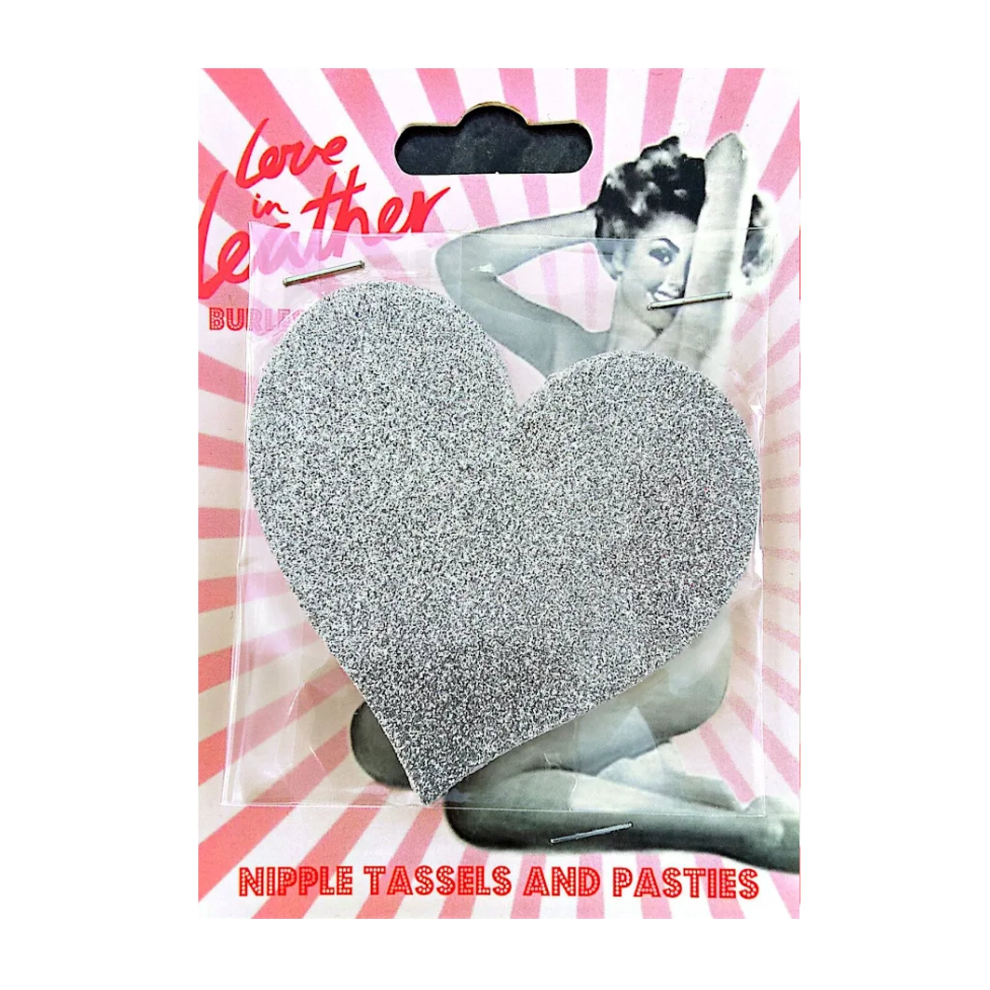 Love In Leather Burlesque Heart Pasties Silver retail packaging