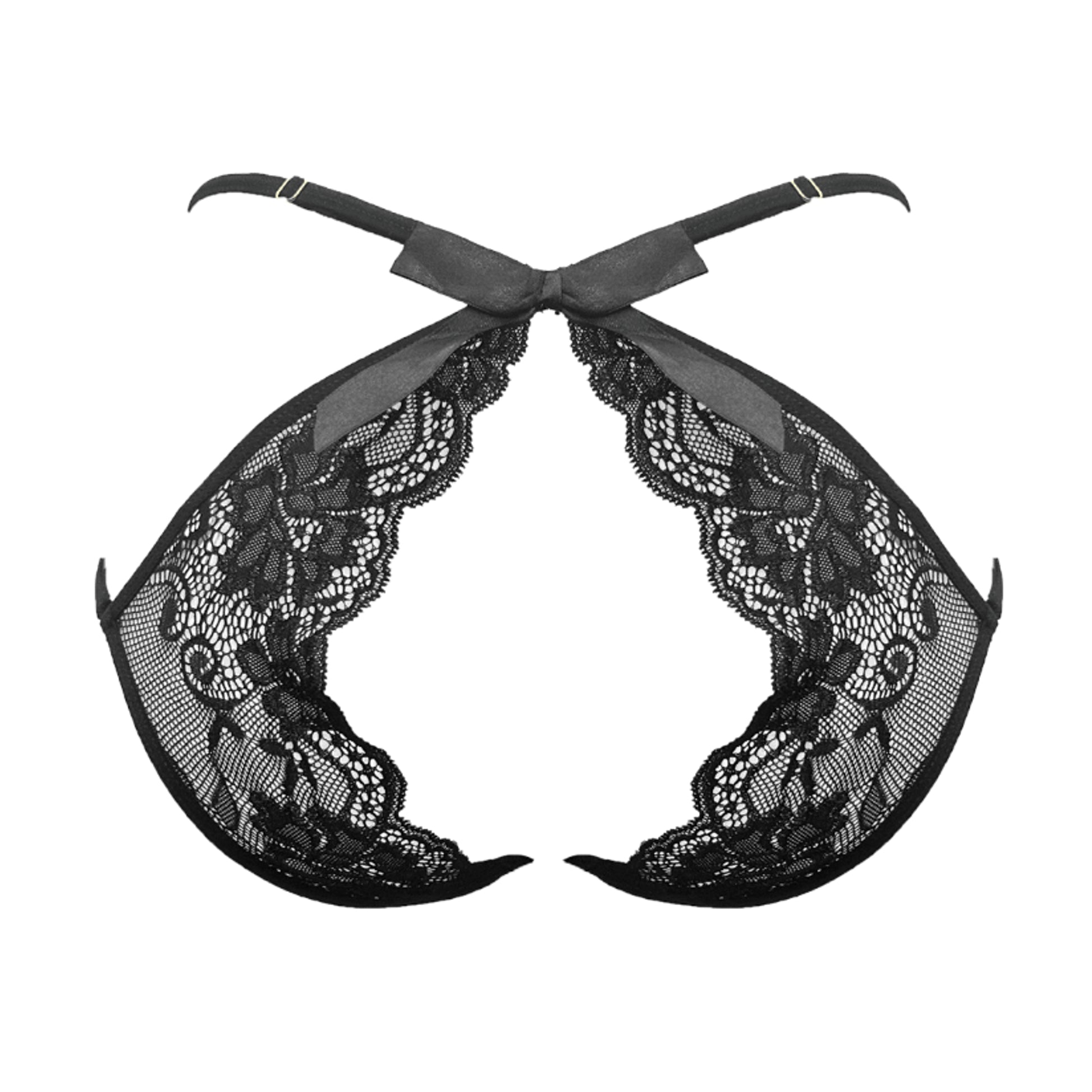 Black floating lace panty rear view with satin bow