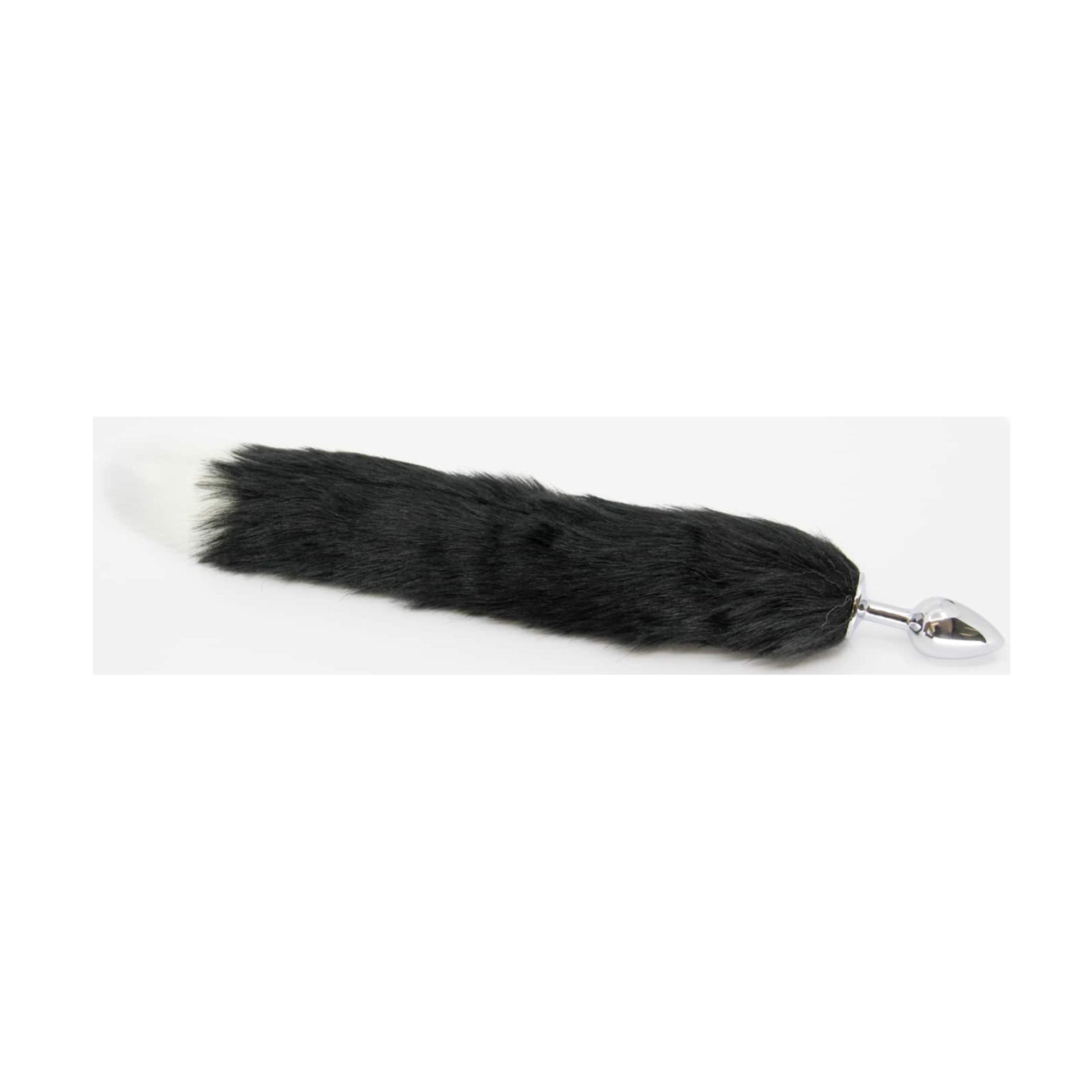 Side view of black and white foxtail anal plug with metal base 