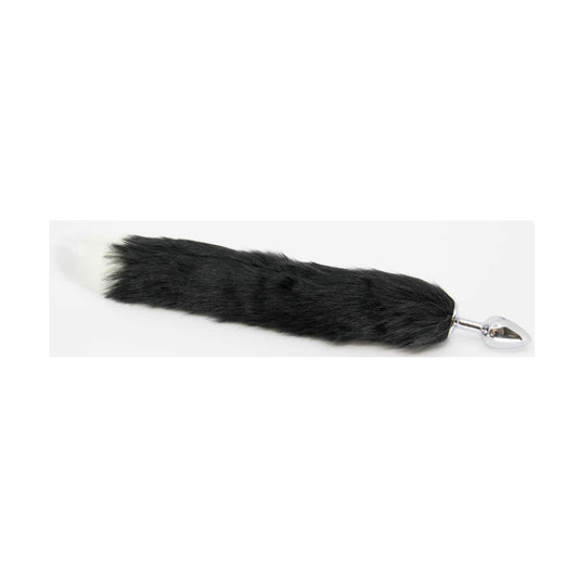 Side view of black and white foxtail anal plug with metal base 