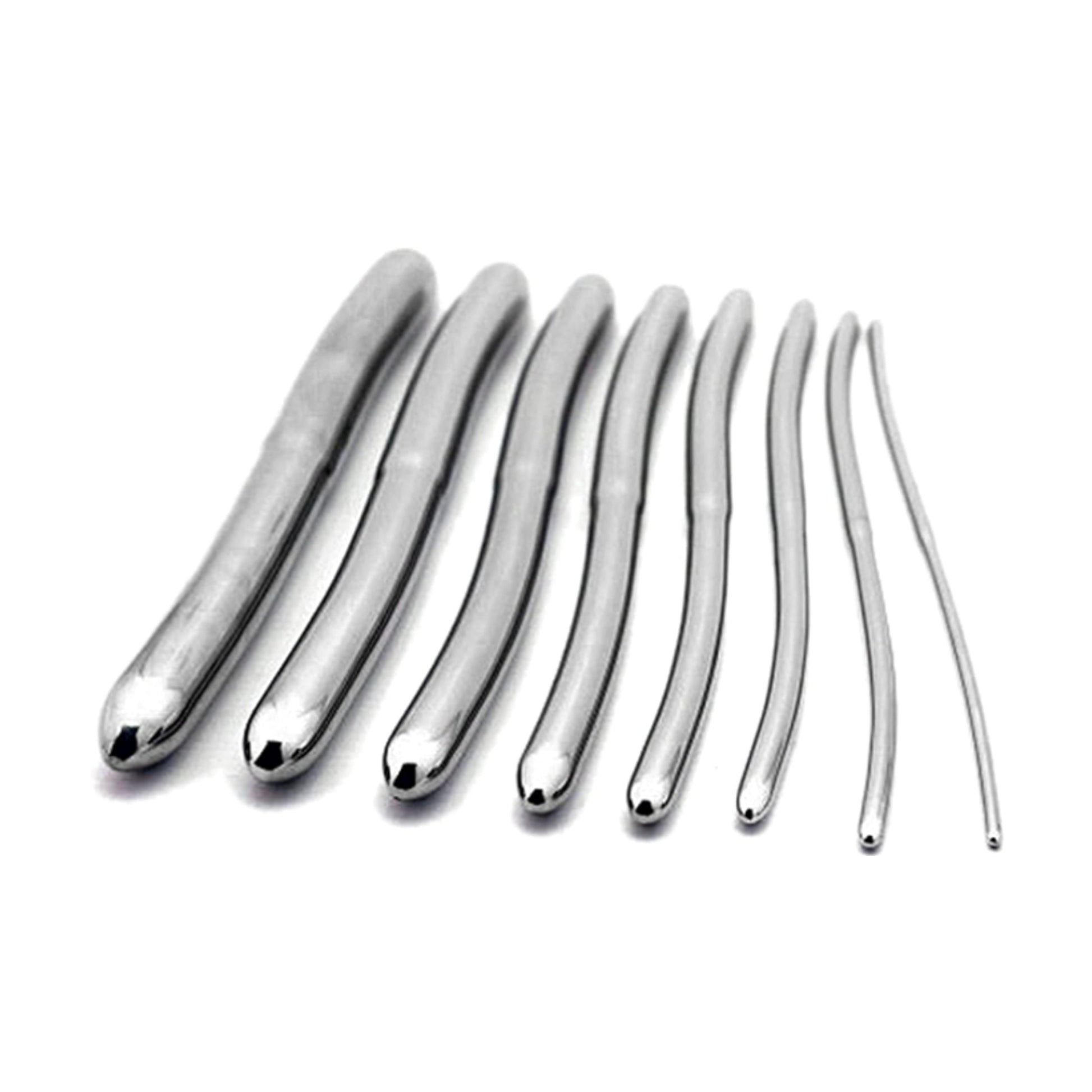 Eight polished stainless steel urethral sounds arranged from largest to smallest