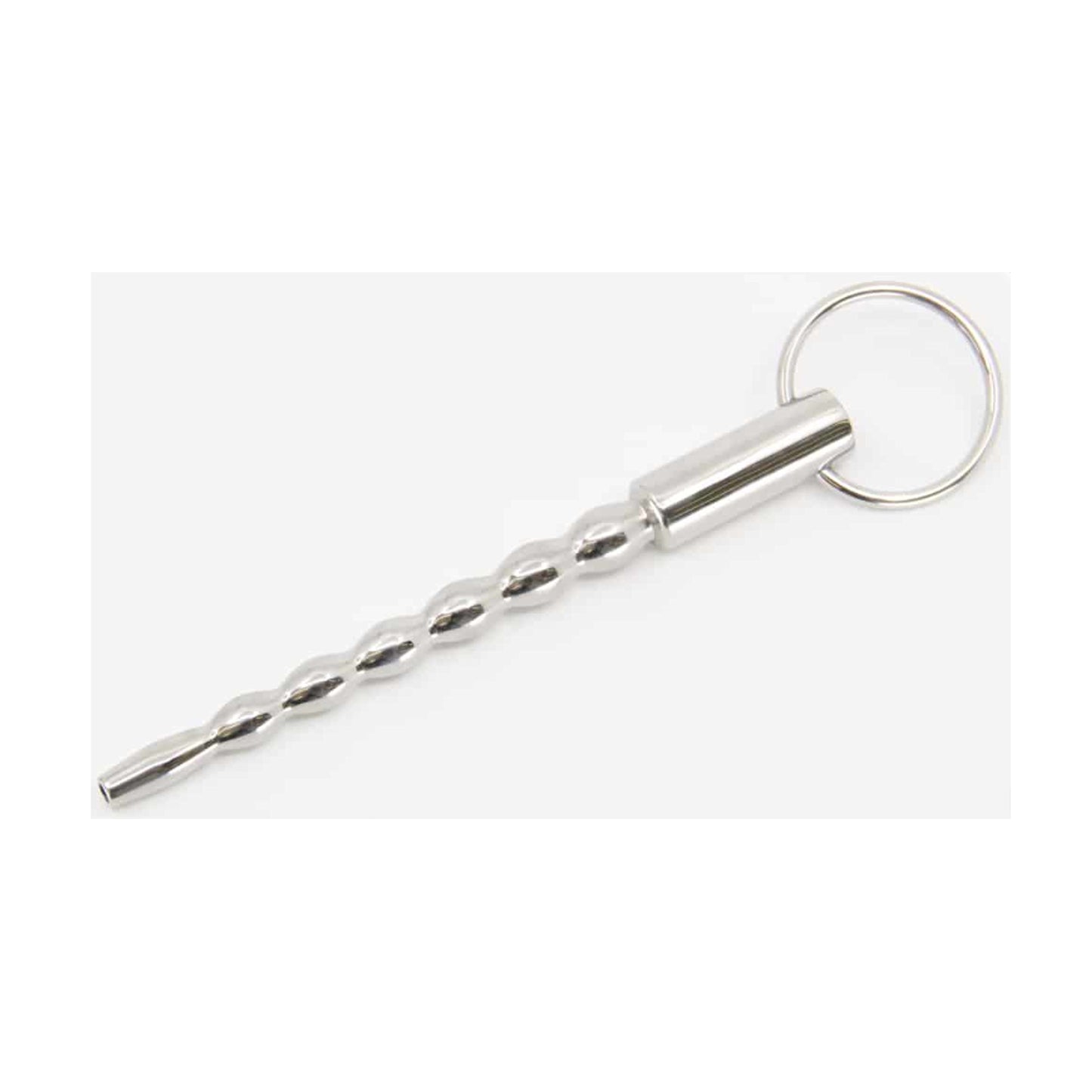 Angled view of the hollow stainless steel stepped urethral sound with safety ring