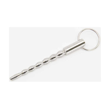 Angled view of the hollow stainless steel stepped urethral sound with safety ring