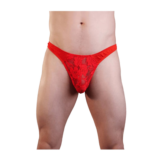 Love In Leather Mens Lycra & Lace G-String Red S-M front