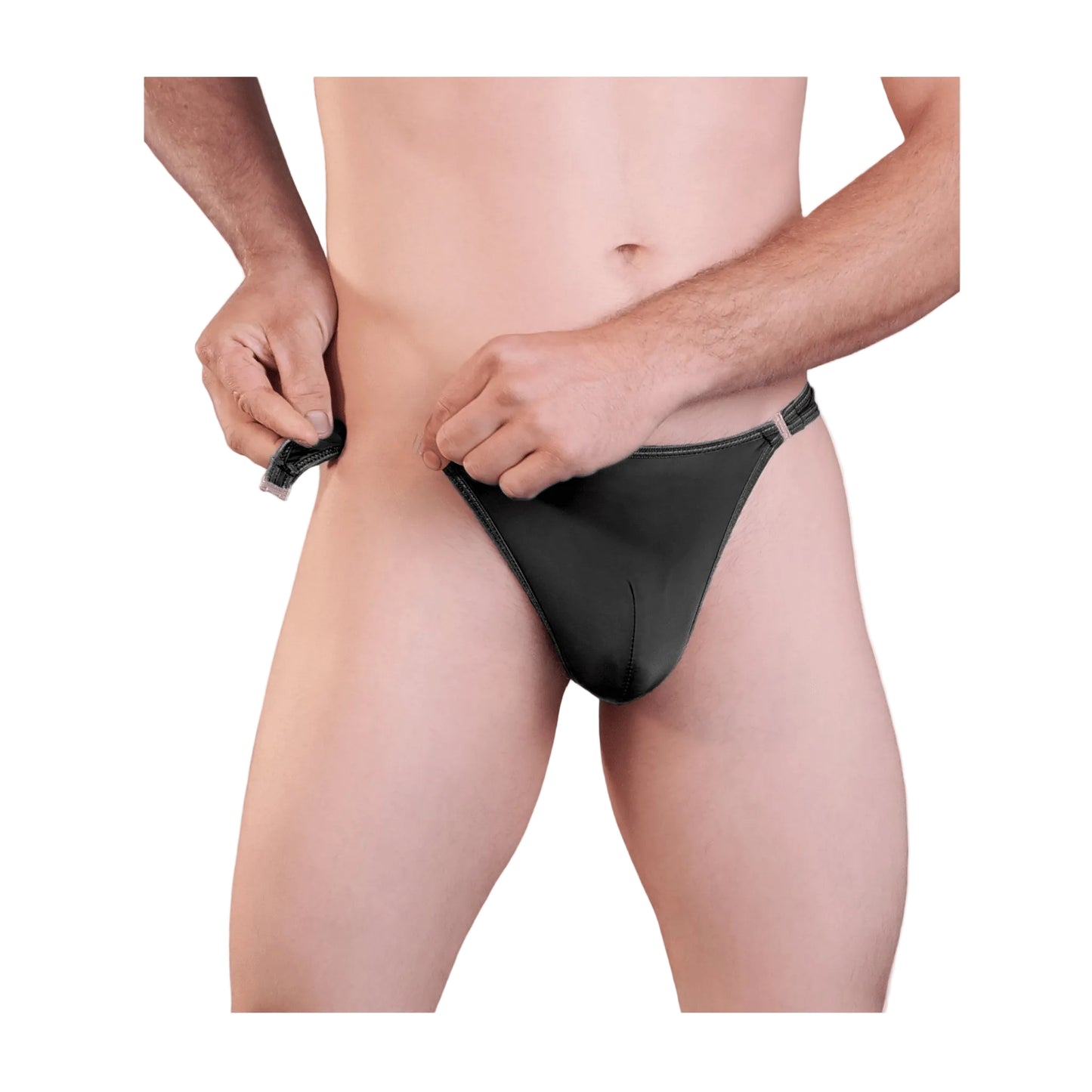 Black mens g-string quick-release side clip detail