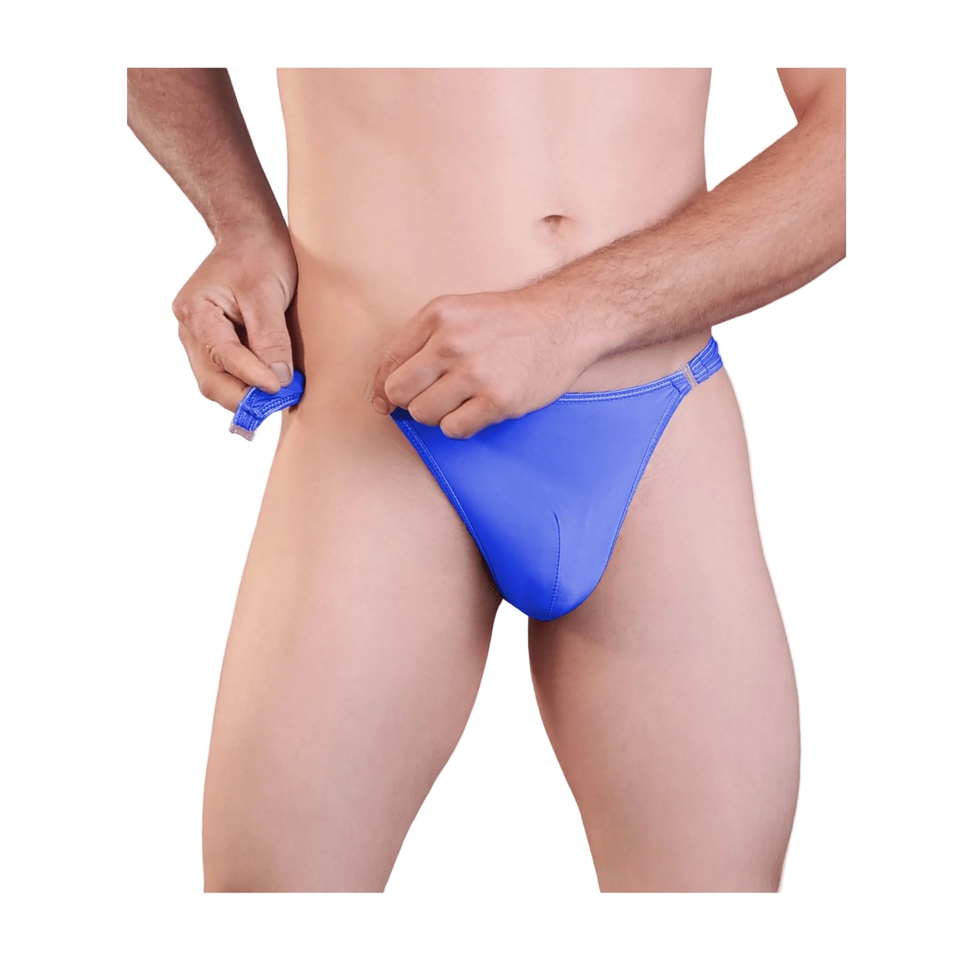 Blue mens g-string quick-release side clip detail