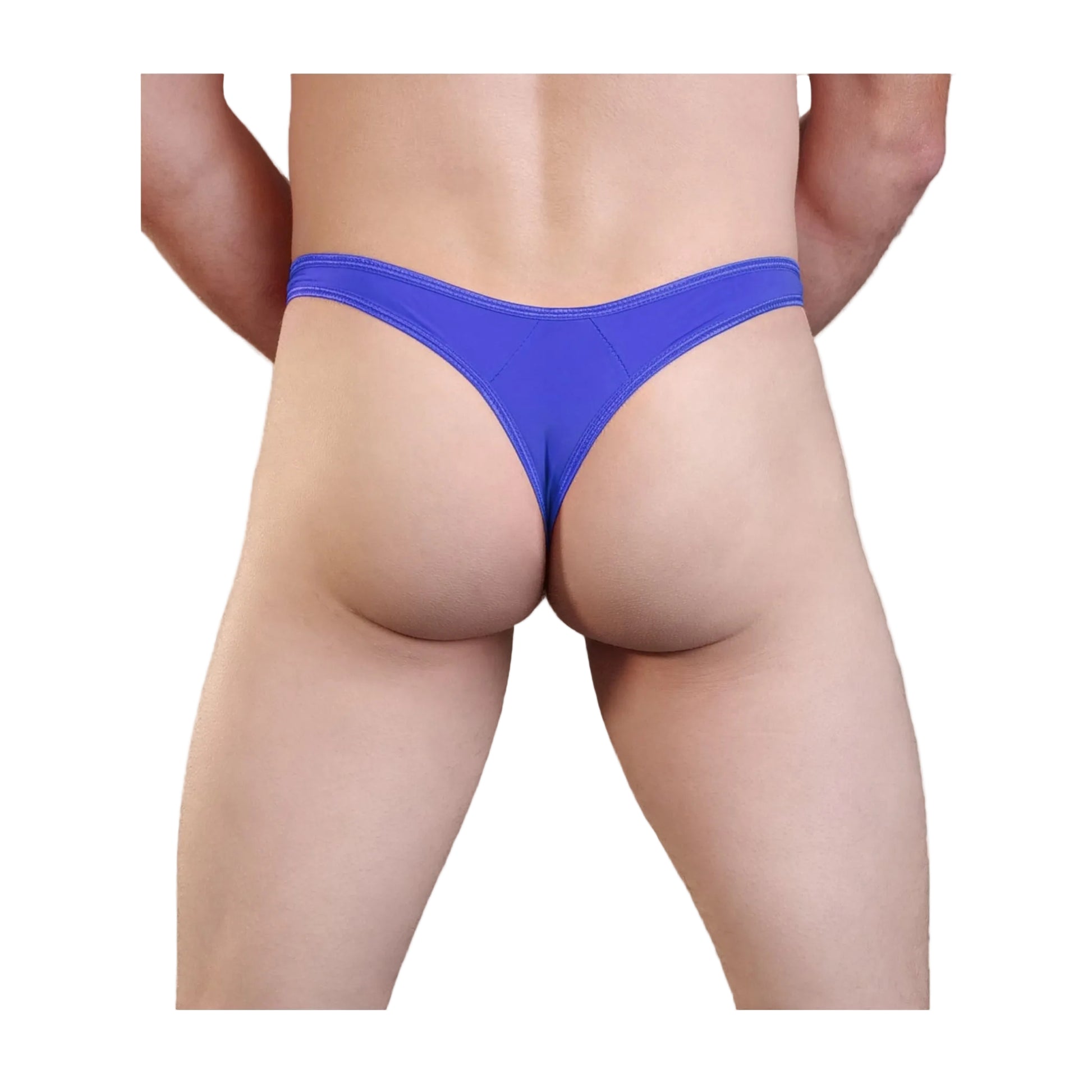 Blue mens g-string rear view on model