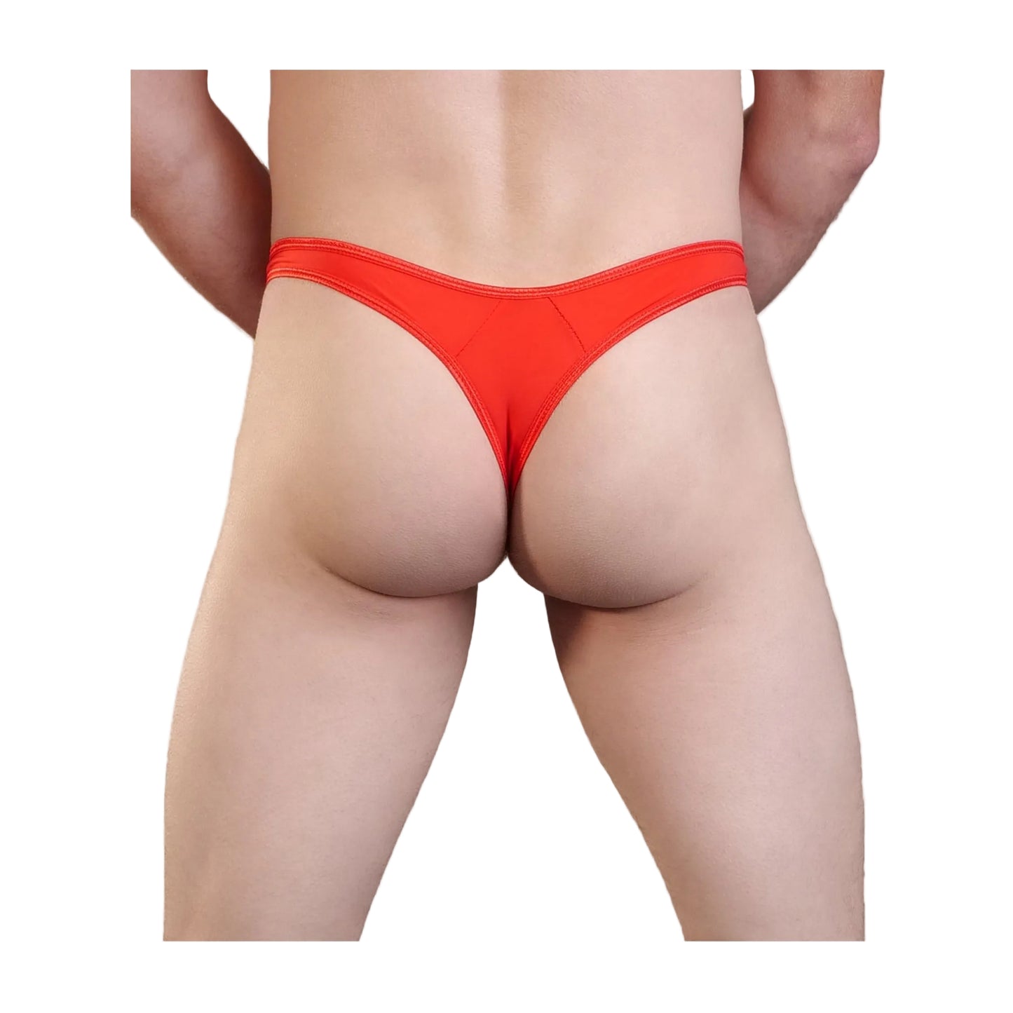 Red mens g-string rear view on model
