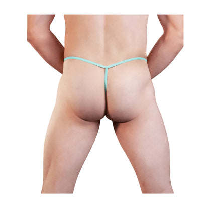 Rear view of baby blue mens lycra g-string on model
