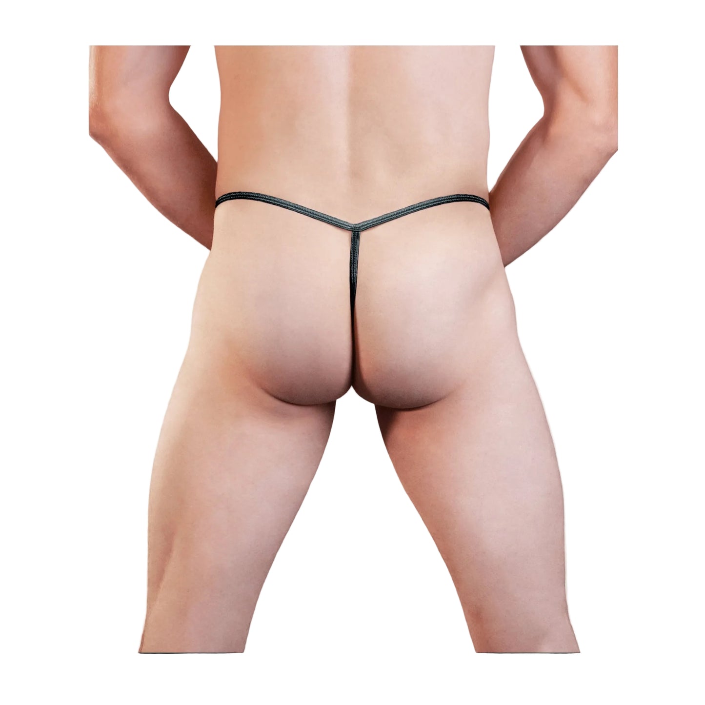 Rear view of black mens lycra g-string on model