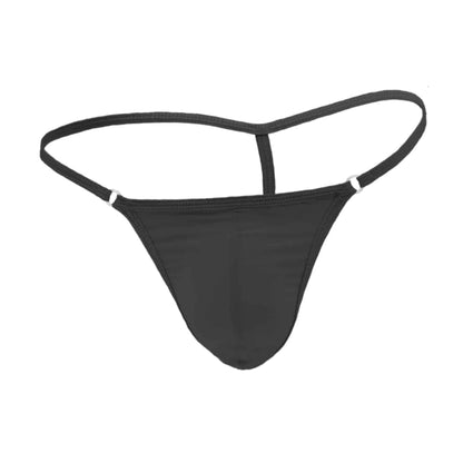 Black lycra g-string laid flat product view