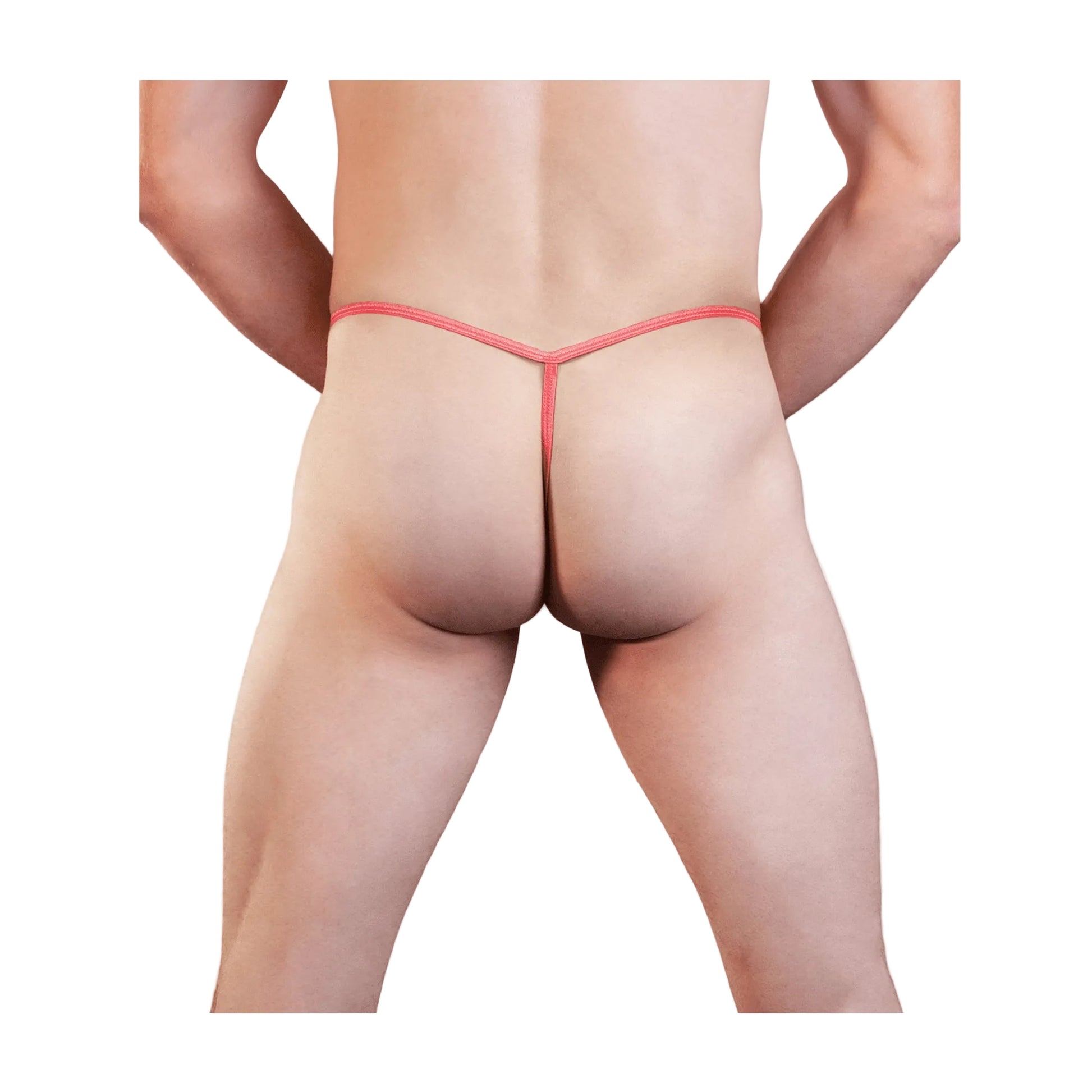 Rear view of red mens lycra g-string on model