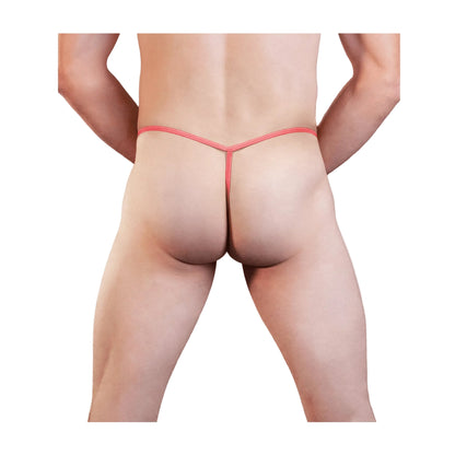 Rear view of red mens lycra g-string on model