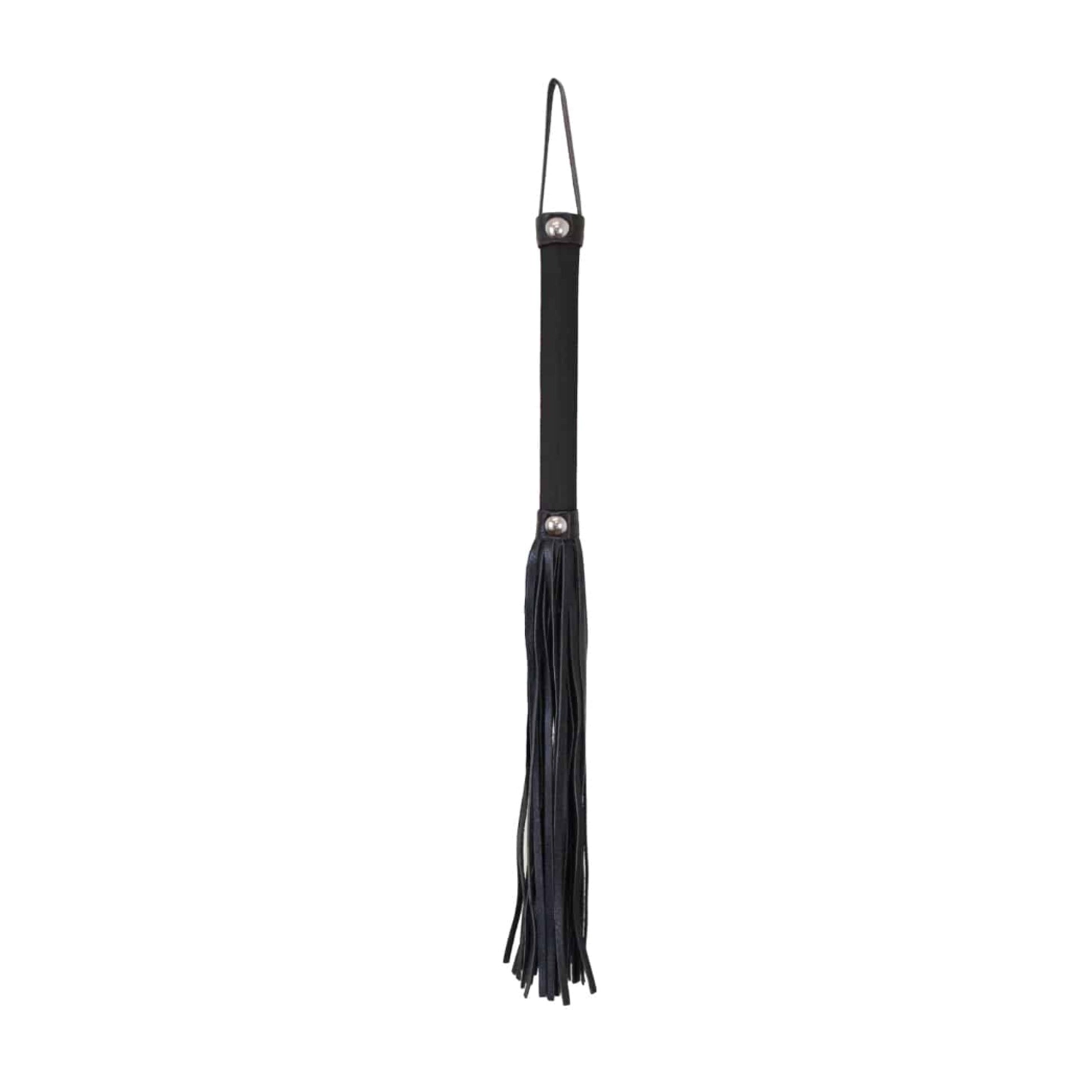 Front view of black satin handle flogger with faux leather tails 