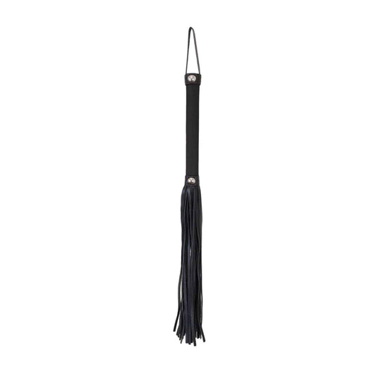 Front view of black satin handle flogger with faux leather tails 
