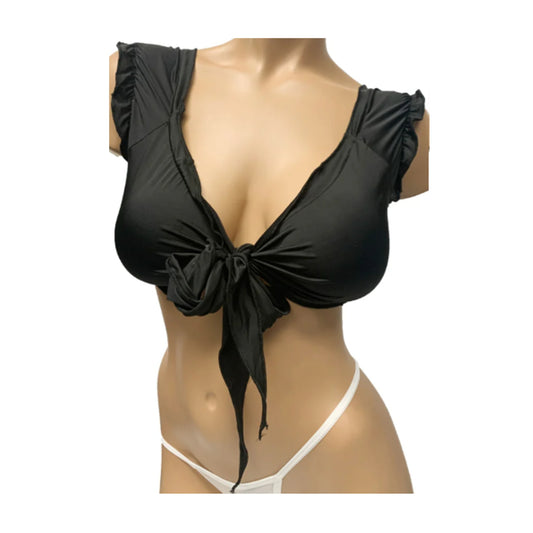 Love In Leather Schoolgirl Tie-Up Top Black OS front view