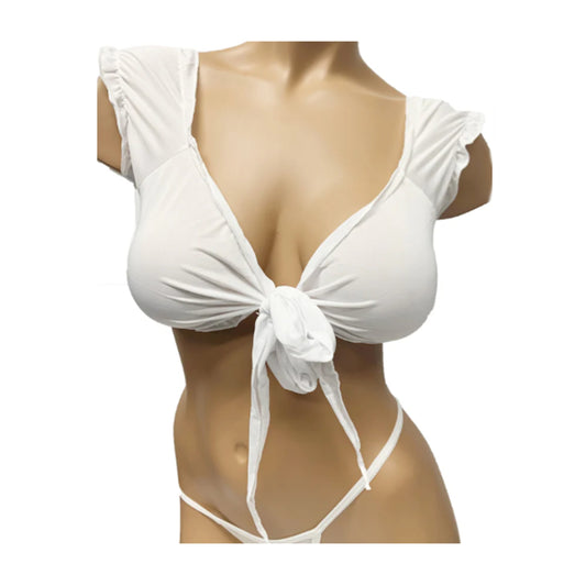 Love In Leather Schoolgirl Tie-Up Top White OS front view