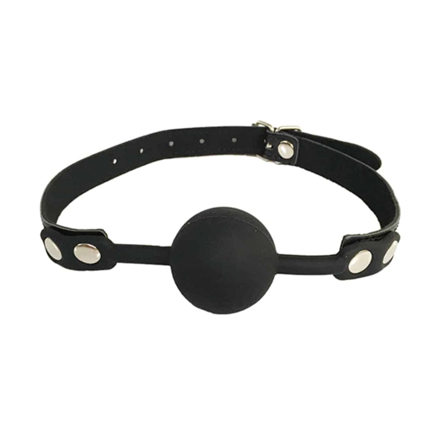 Front view of black silicone ball gag with adjustable strap 