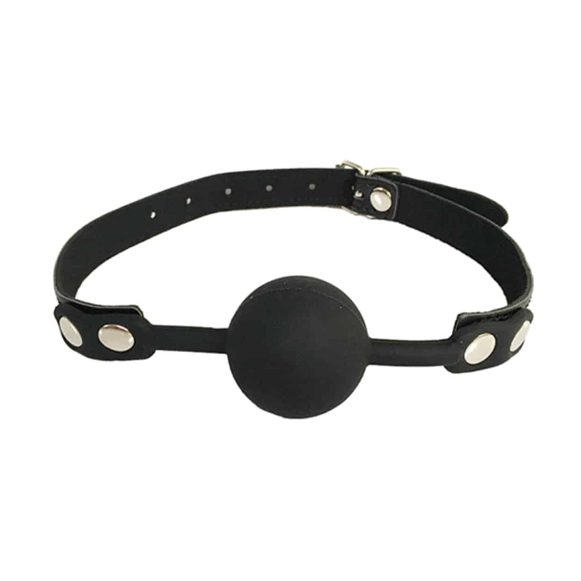 Front view of black silicone ball gag with adjustable strap 
