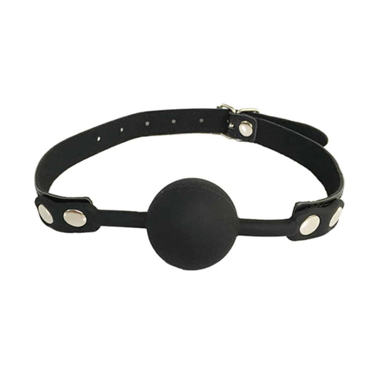 Front view of black silicone ball gag with adjustable strap 