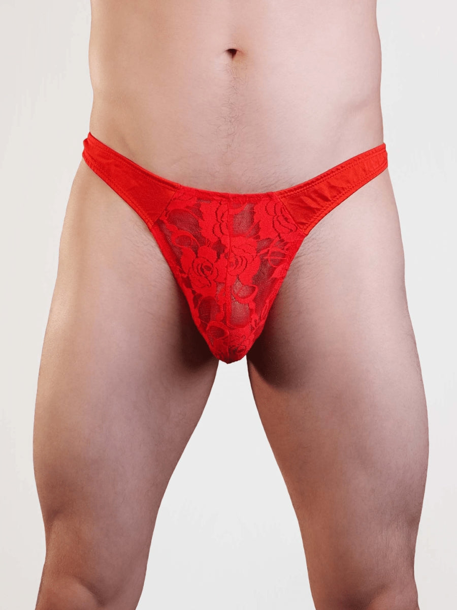 Love In Leather Mens Lace & Lycra G-String Red L/XL