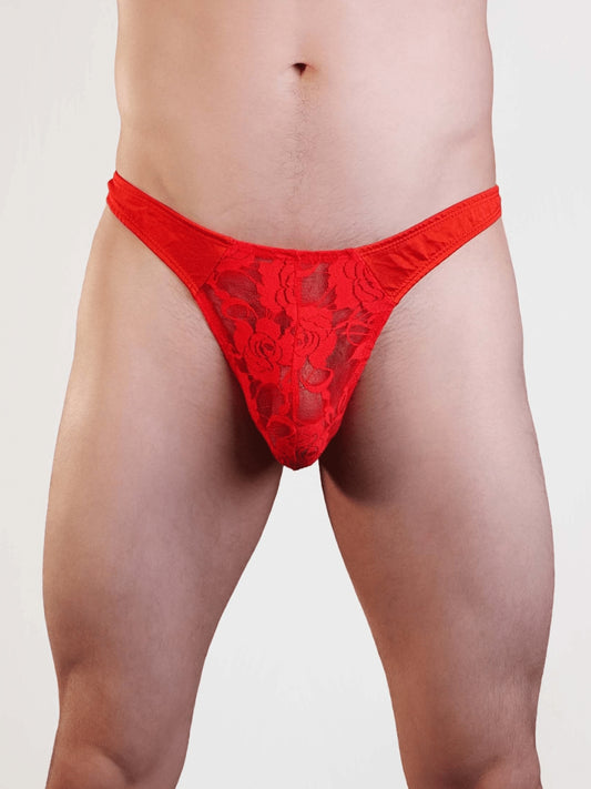 Love In Leather Mens Lace & Lycra G-String Red L/XL
