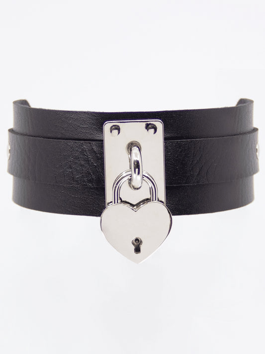 Love In Leather Locking Heart Collar Silver