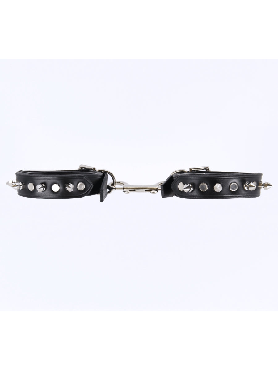 Love In Leather Spiked Leather Hand Cuffs Black-Silver