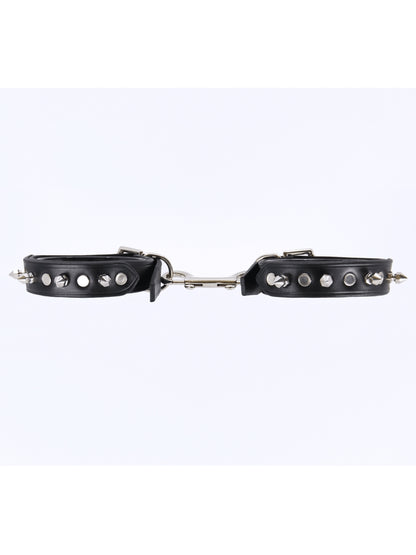 Love In Leather Spiked Leather Hand Cuffs Black-Silver
